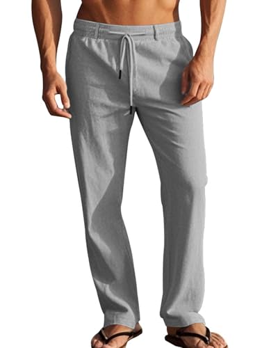 LAOARA Hosen Herren Hose Sommerhose Freizeithose Baumwolle Leichte Sommer Leinenhose Lang mit Taschen Kordelzug Grau XL von LAOARA