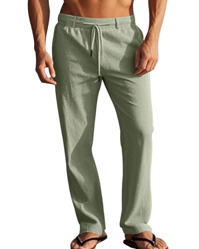 LAOARA Hosen Herren Hose Sommerhose Freizeithose Baumwolle Leichte Sommer Leinenhose Lang mit Taschen Kordelzug Grün L von LAOARA