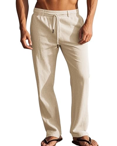 LAOARA Hosen Herren Hose Sommerhose Freizeithose Baumwolle Leichte Sommer Leinenhose Lang mit Taschen Kordelzug Khaki M von LAOARA