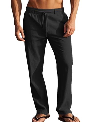 LAOARA Hosen Herren Hose Sommerhose Freizeithose Baumwolle Leichte Sommer Leinenhose Lang mit Taschen Kordelzug Schwarz M von LAOARA