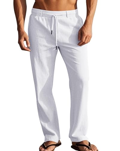 LAOARA Hosen Herren Hose Sommerhose Freizeithose Baumwolle Leichte Sommer Leinenhose Lang mit Taschen Kordelzug Weiß M von LAOARA