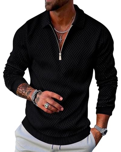 LAOARA Pullover Herren Half Zip Sweatshirt Langarm Poloshirts Winter Ohne Kapuze Stehkragen Reißverschluss Schwarz M von LAOARA