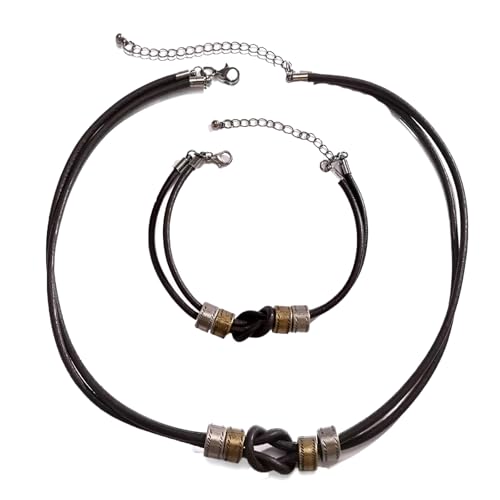 LAOYEFACAI 2 Stück Leder Schmuck Set mit Knotendesign & Metallring Halskette Armband, Hiphop Grunge Style Hypoallergen Kette für Männer Frauen von LAOYEFACAI