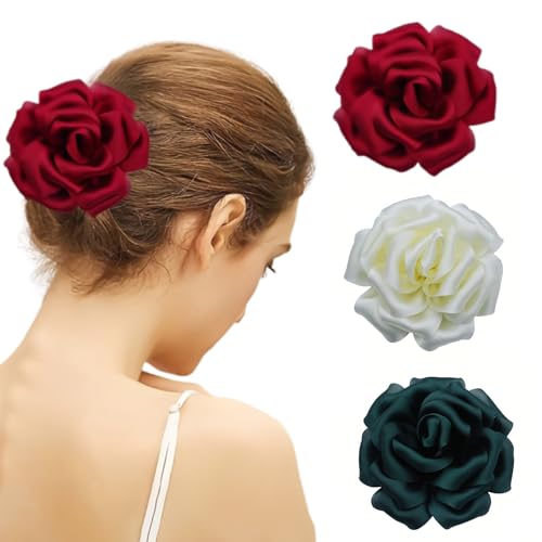 LAOYEFACAI 3 Stück Haarklammer 2-in-1 Satin-Rosen-Haarschmuck mit eleganter Blume, seitlicher Klammer und Entenschnabelklemme für Hochzeiten, Partys und Damen-Ansteckblumen von LAOYEFACAI