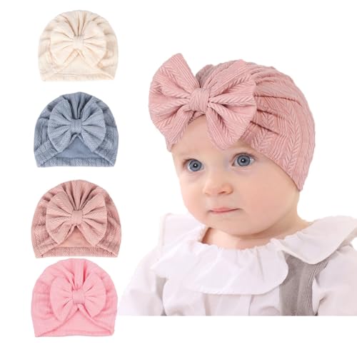LAOYEFACAI 4 Stück Niedliche Dehnbarkeit Weiche Dicker Baby Turban Hüte mit Schleife Donut Knoten Kindergarten Krankenhaus Mützen Mützen für Baby Mädchen Neugeborene Säuglinge Kleinkinder von LAOYEFACAI