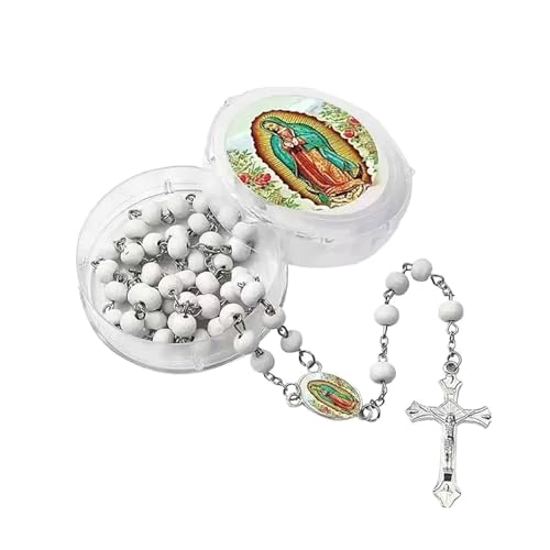 LAOYEFACAI 6mm Holzperlen-Halskette mit Marienkreuz handgefertigte Rosenkranzperlen Katholische Rosenkranz Halskette Matt Perle Runde Perlen Wunderbare Medaille & Kreuz (BS) von LAOYEFACAI