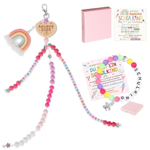 LAOYEFACAI Einschulung Mädchen Rechenkette Armband 2025 Regenbogen Schultüte Füllung Schulkind Glücksbringer Anhänger Schulanfang Geschenk mit Grußkarte Geschenkbox (Colorful) von LAOYEFACAI