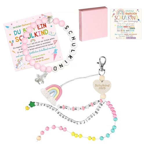 LAOYEFACAI Einschulung Mädchen Rechenkette Armband 2025 Regenbogen Schultüte Füllung Schulkind Glücksbringer Anhänger Schulanfang Geschenk mit Grußkarte Geschenkbox (Pink) von LAOYEFACAI