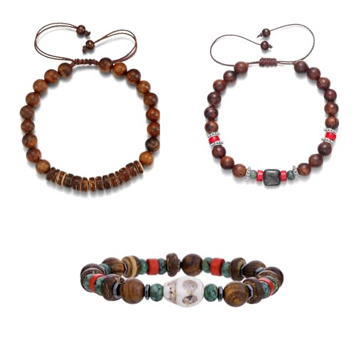 LAOYEFACAI Perlenarmband Herren Totenkopf Perlen Vintage Türkis Holzperlen Strang Stretch Armbänder Herren Verstellbares Schwarzes Kristall-Perlenarmband Perlen Armband Herren (1) von LAOYEFACAI