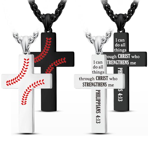 LAOYOU Baseball-Kreuz-Halsketten für Männer und Jugendliche, Edelstahl, Baseball-Halsketten mit inspirierendem Bibelvers-Zitat, religiöse Geschenke, Silber/Schwarz/Gold, 2PCS Silver & Black Set LAOYOU Baseball-Kreuz-Halsketten für Männer und Jugendliche, Edelstahl, Baseball-Halsketten mit inspirierendem Bibelvers-Zitat, religiöse Geschenke, Silber/Schwarz/Gold, 2PCS Silver & Black Set von LAOYOU