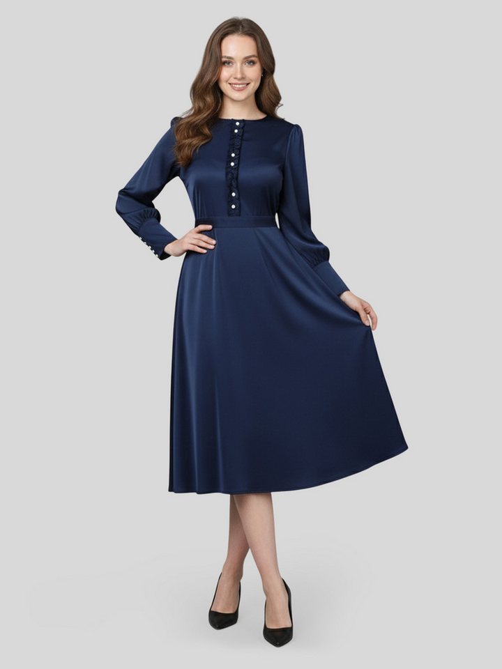 LAPA PLUS Abendkleid Elegantes Satin-A-Linien Kleid Langarm mit Knopfdetails und Falten (1-tlg) bequem Midikleid mit Puffärmeln, für Party, Abend, Büro & Alltag von LAPA PLUS