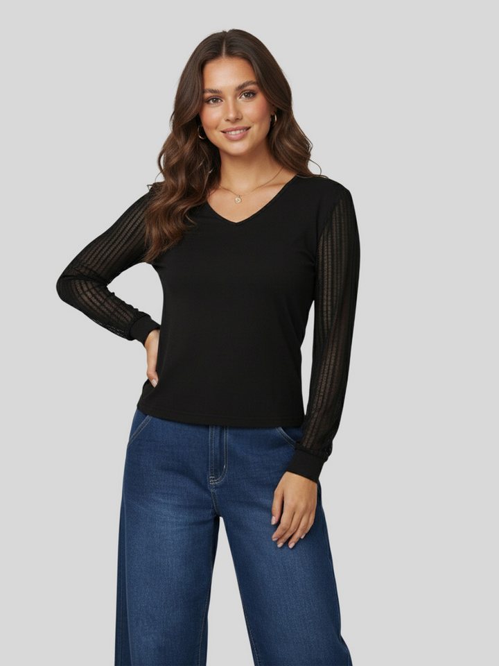 LAPA PLUS Langarmshirt Damen Bequemes Spitze-Bluse Langarm Herbst Shirt mit V-Ausschnitt (1-tlg) Streifen Details, Basis-Kollektion für Freizeit und Büro von LAPA PLUS