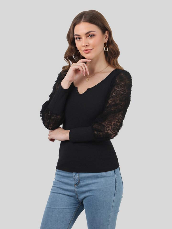 LAPA PLUS Langarmshirt Damen Elegant Herbst Langarm Mesh V-Ausschnitt Oberteile mit 3D Blumen (1-tlg) Schwarzes Slim-Fit Stricktop, Ballonärmel mit Rippbündchen von LAPA PLUS