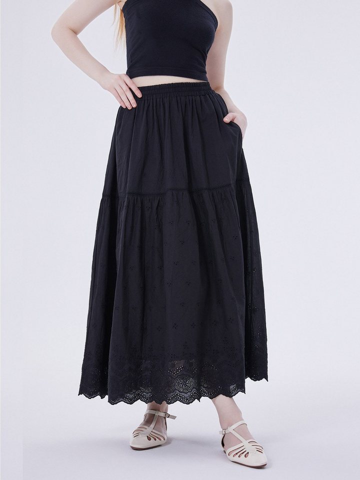 LAPA PLUS Maxirock Damen Spitze A-Linien-Rock, Maxi-Stufenrock mit elastischer Bund (1-tlg) Freizeit Langer eleganter Jacquardrock aus Baumwolle, Schwarz von LAPA PLUS
