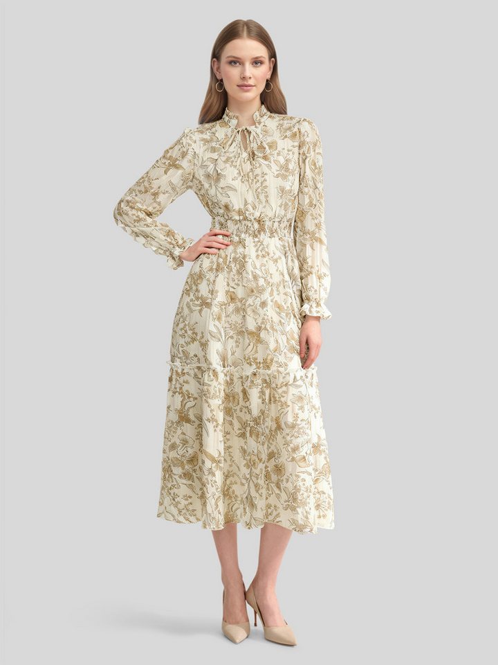 LAPA PLUS Midikleid Damen-Chiffonkleid mit langen Ärmeln, Bedrucktes Kleid mit Rüschen (1-tlg) elegante Retro Kleid mit Goldfäden, V-Ausschnitt und Bindendetails von LAPA PLUS