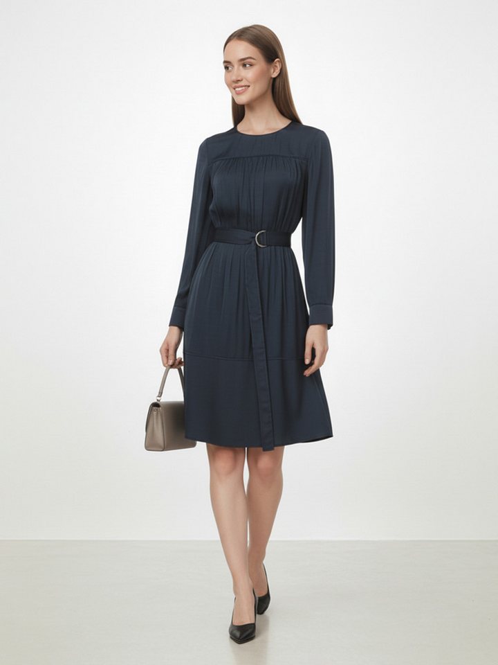 LAPA PLUS Midikleid Elegantes drapiertes Satin-Kleid in Dunkelblau mit Gürtel für Herbst (1-tlg) Lose, leicht & angenehm zu tragen, für Büro und Alltag von LAPA PLUS