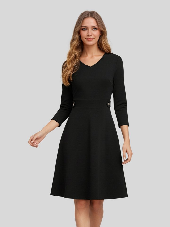 LAPA PLUS Midikleid Klassische elegante 3/4-Ärmel A-Linie Damen Kleid in Schwarz (1-tlg) Büro- & Alltagsoutfit mit Metallknopf-Dekor, Reißverschluss hinten von LAPA PLUS