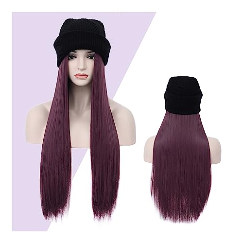 Perücken für Frauen Lange glatte Haare, Hutperücke, 28 Zoll, natürliches schwarzes Haar, Kunstfaser, Strickmütze, Perücke, Damen, Alltagskleidung Perückenkappen für Damen (Color : AT180-96A) von LAPADULA