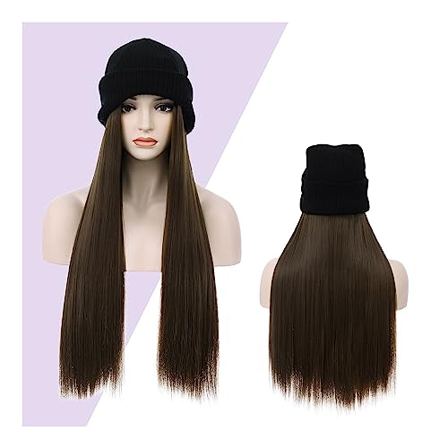 Perücken für Frauen Lange glatte Haare, Hutperücke, 28 Zoll, natürliches schwarzes Haar, Kunstfaser, Strickmütze, Perücke, Damen, Alltagskleidung Perückenkappen für Damen (Color : D01-03) von LAPADULA