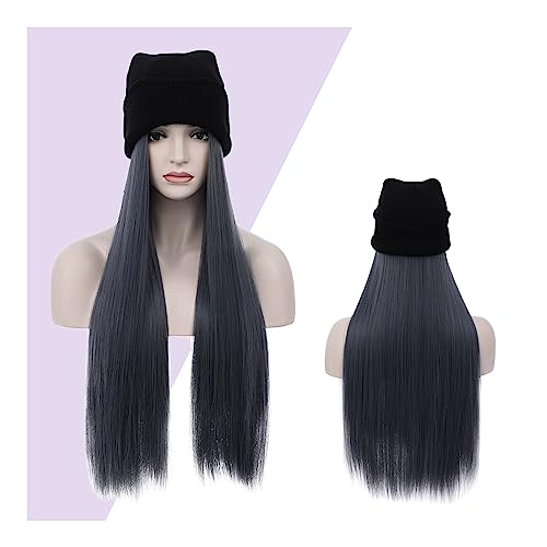 Perücken für Frauen Lange glatte Haare, Hutperücke, 28 Zoll, natürliches schwarzes Haar, Kunstfaser, Strickmütze, Perücke, Damen, Alltagskleidung Perückenkappen für Damen (Color : D01-04) von LAPADULA