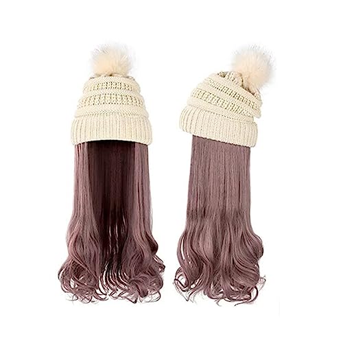 Perücken für Frauen Mütze, langes gewelltes lockiges Haar, synthetische Perücke for Damen, Winter, warm, abnehmbare Strickmütze, 55,9 cm, goldbraune Perücke Perückenkappen für Damen (Color : 1) von LAPADULA