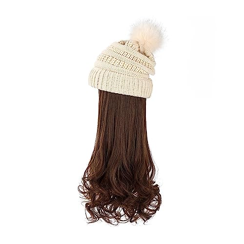 Perücken für Frauen Mütze, langes gewelltes lockiges Haar, synthetische Perücke for Damen, Winter, warm, abnehmbare Strickmütze, 55,9 cm, goldbraune Perücke Perückenkappen für Damen (Color : 10) von LAPADULA