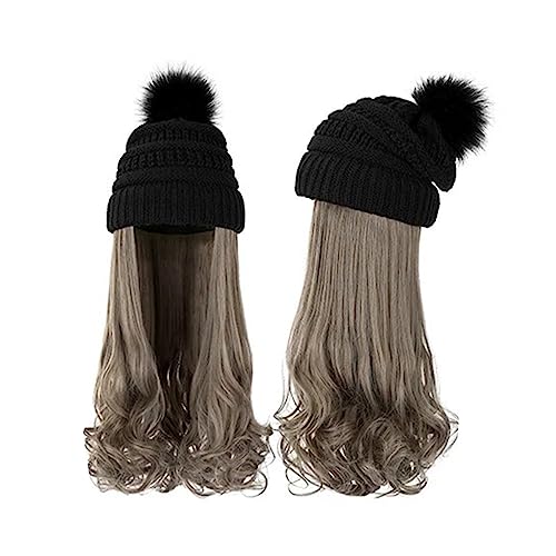 Perücken für Frauen Mütze, langes gewelltes lockiges Haar, synthetische Perücke for Damen, Winter, warm, abnehmbare Strickmütze, 55,9 cm, goldbraune Perücke Perückenkappen für Damen (Color : 12) von LAPADULA