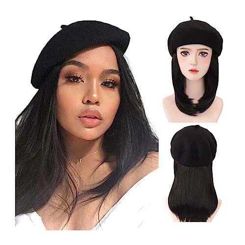 Perücken für Frauen Perücke Damen Hut Perücke kurze gerade synthetische Perücke schwarze Haarverlängerungen 16 Zoll glattes Haar for Damen Perückenkappen für Damen (Color : 2) von LAPADULA