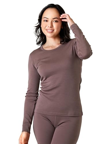 LAPASA Damen 100% Merinowolle Thermo Unterhemd, Premium Merino Wolle Thermounterwäsche, warmes Rundhals Langarmshirt Langarmpullover (L48), Hellbraun, XXL von LAPASA