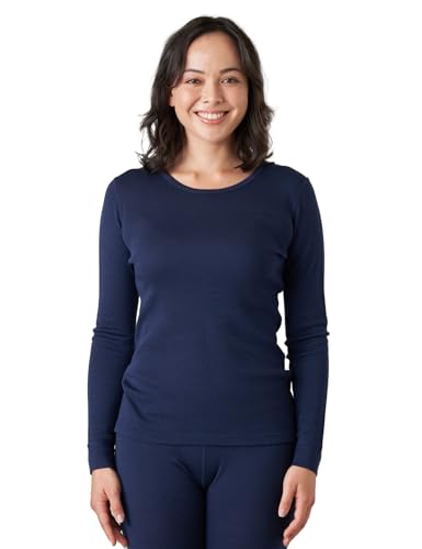 LAPASA Damen 100% Merinowolle Thermo Unterhemd, Premium Merino Wolle Thermounterwäsche, warmes Rundhals Langarmshirt Langarmpullover (L48), Navy Blau, L von LAPASA