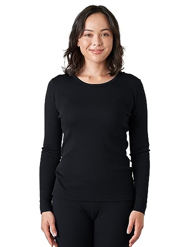 LAPASA Damen 100% Merinowolle Thermo Unterhemd, Premium Merino Wolle Thermounterwäsche, warmes Rundhals Langarmshirt Langarmpullover (L48), Schwarz, XS von LAPASA