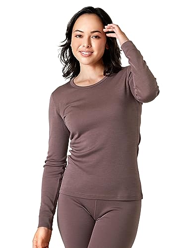 LAPASA Damen 100% Merinowolle Thermo Unterhemd, Premium Merino Wolle Thermounterwäsche, warmes Rundhals Langarmshirt Langarmpullover (L48), Hellbraun, S von LAPASA