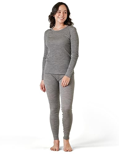 LAPASA Merino Wolle Thermounterwäsche Set Damen, Merinowolle warm Unterhemd Langarmshirt & Thermo Unterhosen Leggings (L58), Grau meliert (Warm), XL von LAPASA