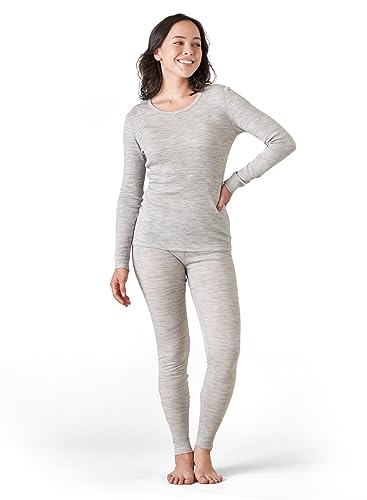 LAPASA Merino Wolle Thermounterwäsche Set Damen, Merinowolle warm Unterhemd Langarmshirt & Thermo Unterhosen Leggings (L58), Hellgrau meliert (Warm), XL von LAPASA