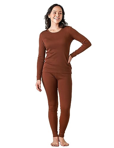 LAPASA Merino Wolle Thermounterwäsche Set Damen, Merinowolle warm Unterhemd Langarmshirt & Thermo Unterhosen Leggings (L58), Braun (Warm), L von LAPASA