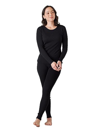 LAPASA Merino Wolle Thermounterwäsche Set Damen, Merinowolle warm Unterhemd Langarmshirt & Thermo Unterhosen Leggings (L58), Schwarz (Warm), L von LAPASA