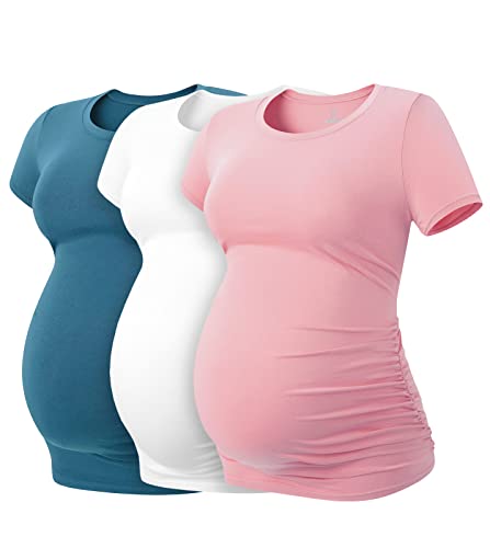 LAPASA Damen 3 er Pack Umstandstop Umstandsmode Umstandskleidung Tops Schwangerschaft Kurzarm Umstands T-Shirt L55, Blaugrün, Weiß, Rosa, L von LAPASA