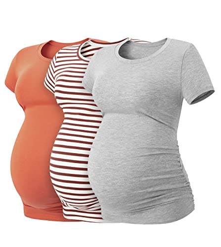 LAPASA Damen 3 er Pack Umstandstop Umstandsmode Umstandskleidung Tops Schwangerschaft Kurzarm Umstands T-Shirt L55, Orange, Rot gestreift, Grau, M von LAPASA