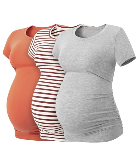 LAPASA Damen 3 er Pack Umstandstop Umstandsmode Umstandskleidung Tops Schwangerschaft Kurzarm Umstands T-Shirt L55, Orange, Rot gestreift, Grau, XXL von LAPASA