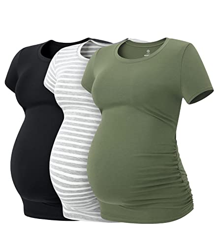 LAPASA Damen 3 er Pack Umstandstop Umstandsmode Umstandskleidung Tops Schwangerschaft Kurzarm Umstands T-Shirt L55, Schwarz, Grau gestreift, Olivgrün, L von LAPASA