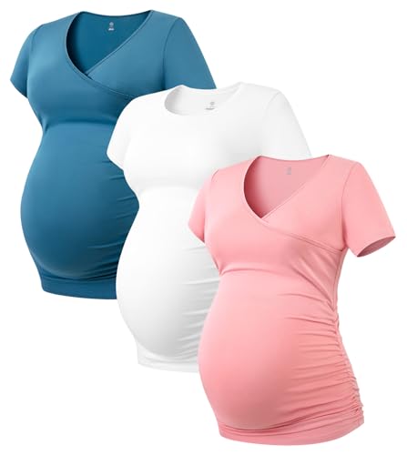 LAPASA Damen 3 er Pack Umstandstop Umstandsmode Umstandskleidung Tops Schwangerschaft Kurzarm Umstands T-Shirt L55 von LAPASA
