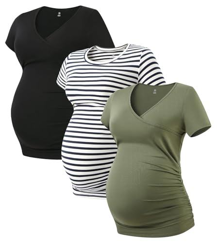 LAPASA Damen 3 er Pack Umstandstop Umstandsmode Umstandskleidung Tops Schwangerschaft Kurzarm Umstands T-Shirt L55 von LAPASA
