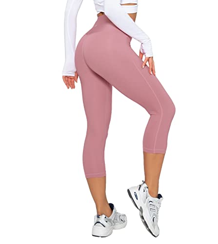 LAPASA Damen Capri 3/4 Sport Leggings hoher Bund Push Up High Waist Taschen L02A1 (Pink, L) von LAPASA