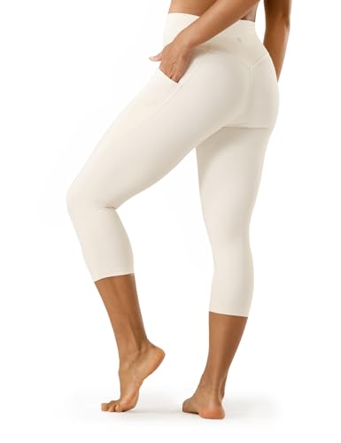 LAPASA Damen Capri 3/4 Sport Leggings hoher Bund Push Up High Waist Taschen L02B1 (Mit Taschen: Cremefarben, XXL) von LAPASA