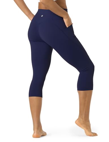 LAPASA Damen Capri 3/4 Sport Leggings hoher Bund Push Up High Waist Taschen L02B1 (Navy Blau, L) von LAPASA