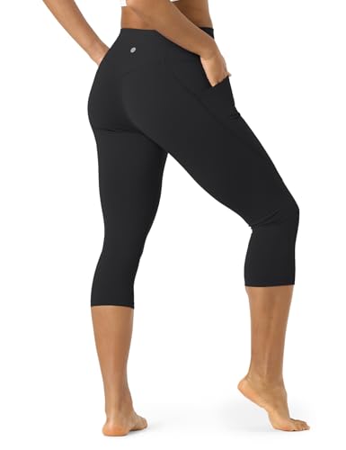 LAPASA Damen Capri 3/4 Sport Leggings hoher Bund Push Up High Waist Taschen L02B1 (Schwarz, M) von LAPASA