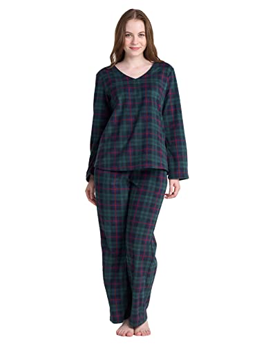 LAPASA Damen Fleece Pyjama Set V-Ausschnitt Oberteil Hose L107 (Large, Dunkelgrünes Navy Blau kariert) von LAPASA