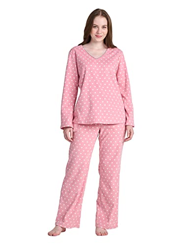 LAPASA Damen Fleece Pyjama Set V-Ausschnitt Oberteil Hose L107 (Large, Rosa Punkte) von LAPASA