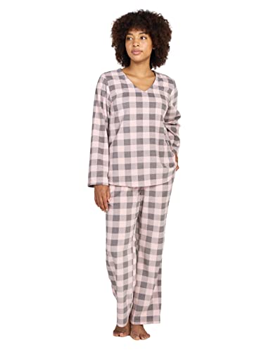 LAPASA Damen Fleece Pyjama Set V-Ausschnitt Oberteil Hose L107 (Medium, Hellrosa Grau kariert) von LAPASA