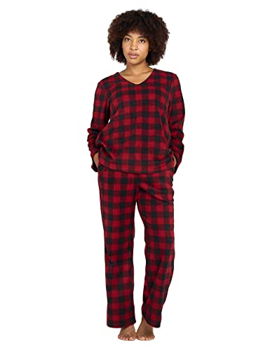 LAPASA Damen Fleece Pyjama Set V-Ausschnitt Oberteil Hose L107 (Medium, Rot Schwarz kariert) von LAPASA